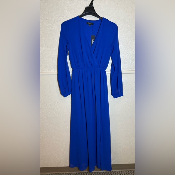 Lulus Cobalt Blue Long Sleeve Maxi Dress Front Slit Size S NWT - Picture 4 of 12
